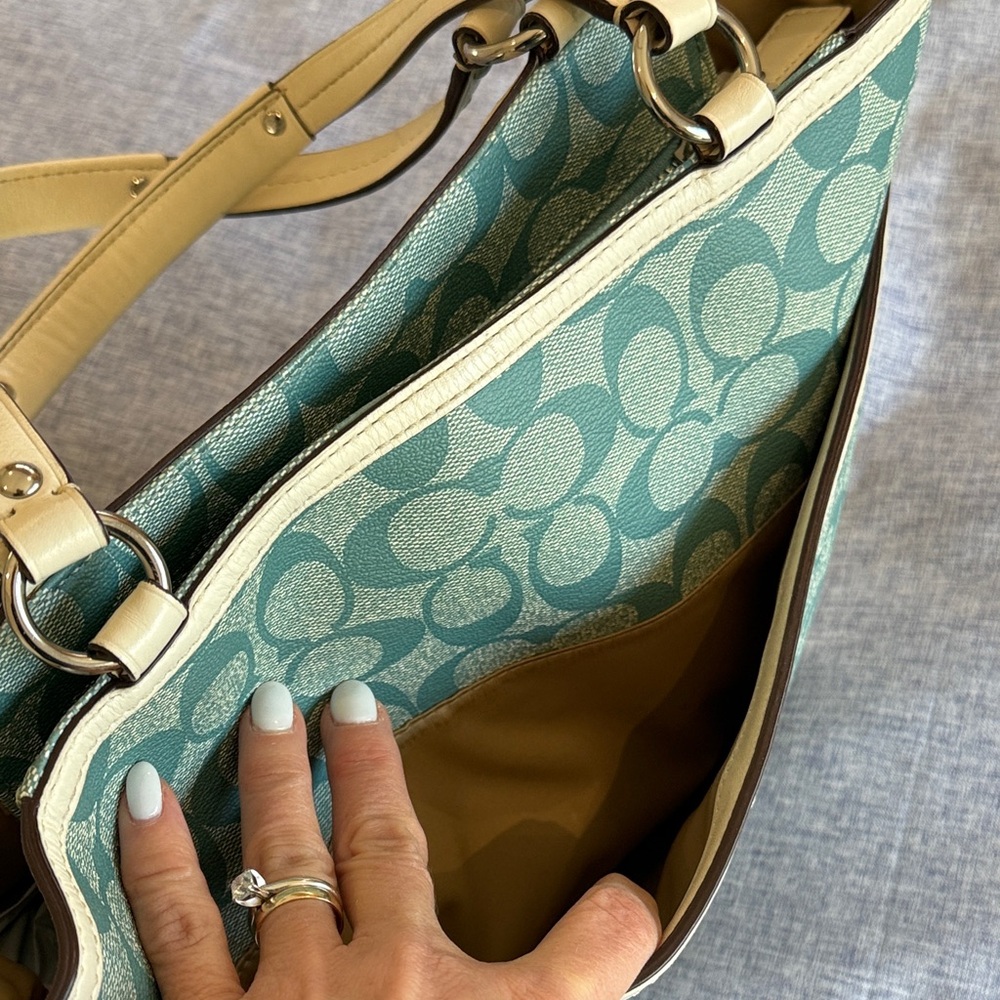 Coach Teal Signature Stripe Tote with Ivory Trim - Picture 5 of 15